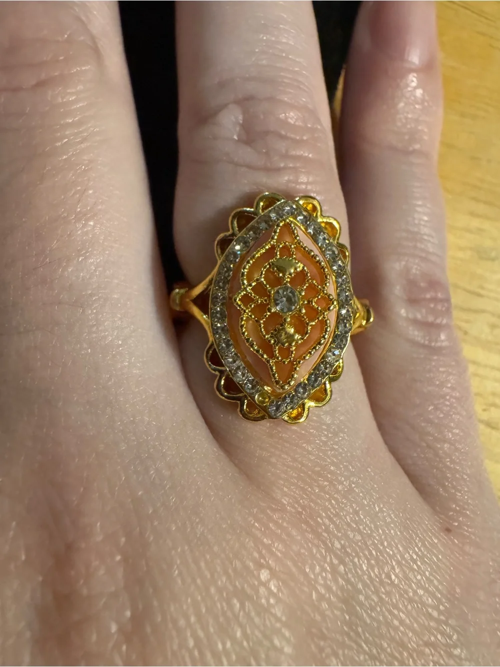 Gold Tone Pink Accent Rhinestone Fashion Ring
